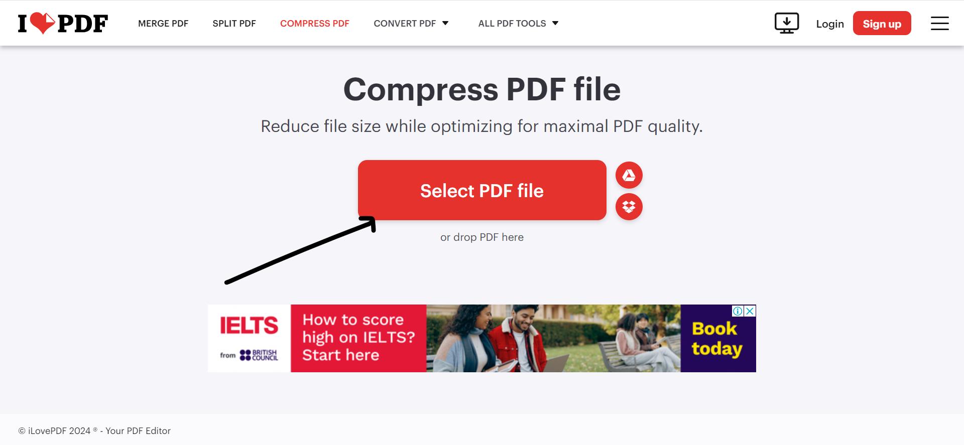 accessing the compress PDF tool in ilovepdf