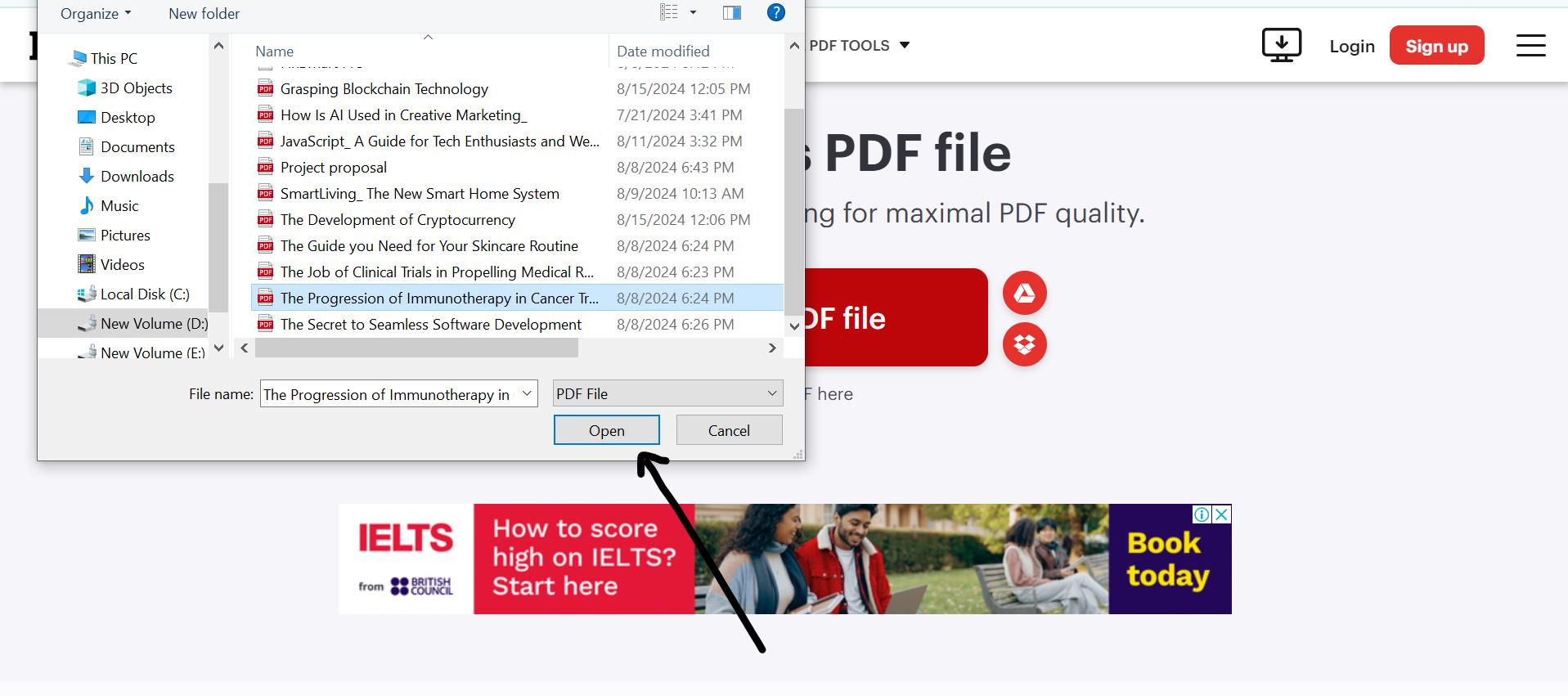 uploading the  PDF document in ilovepdf