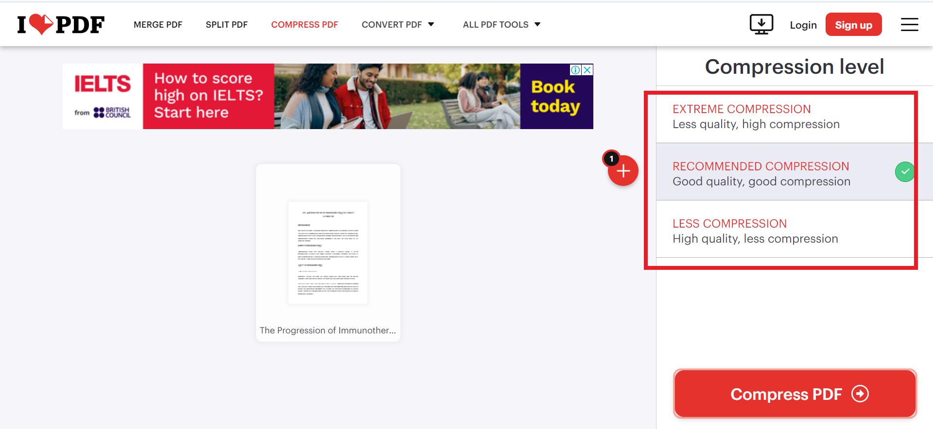 choosing the compression level for the PDF