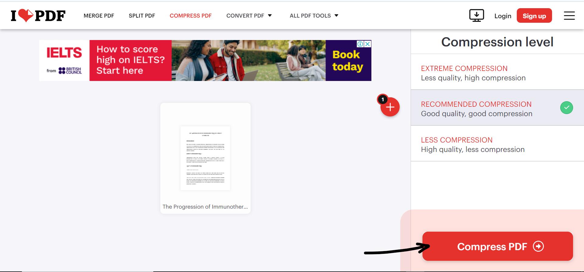 starting the process on compression in ilovepdf