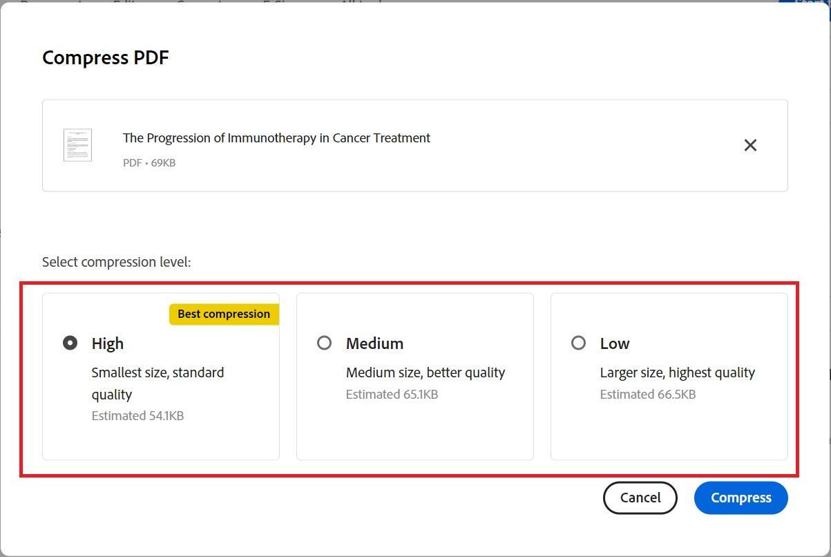 selecting the compression level in adobe-acrobat