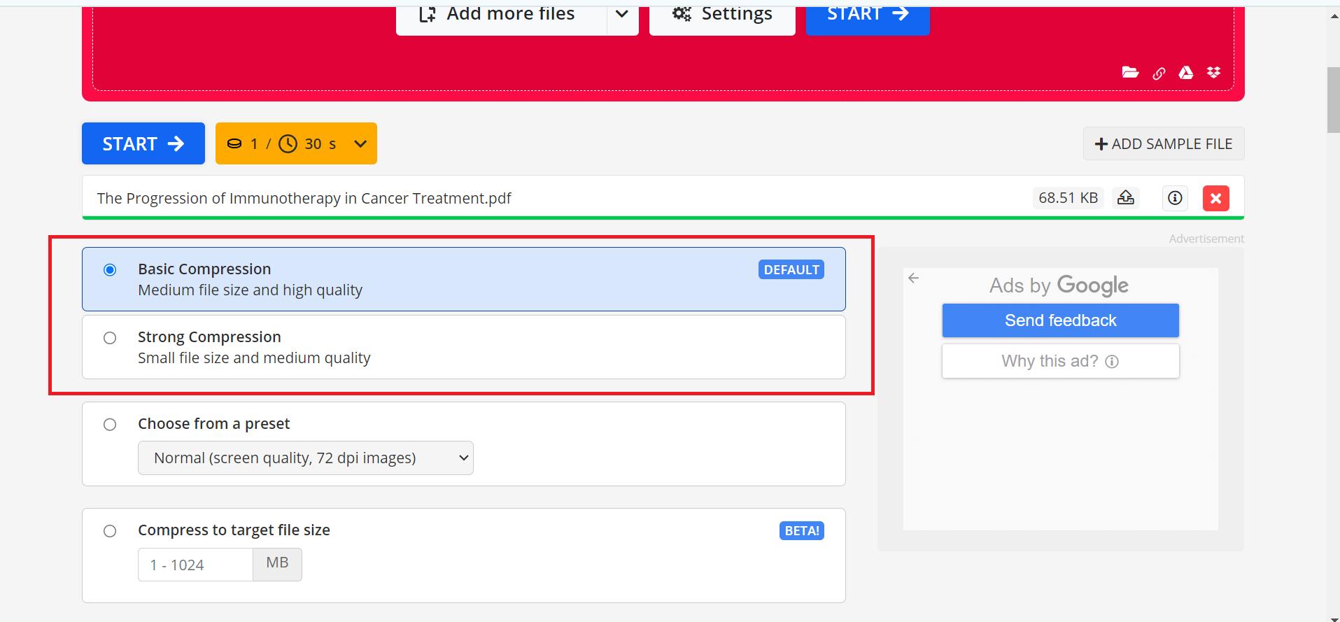 selecting the compression level in pdf2go