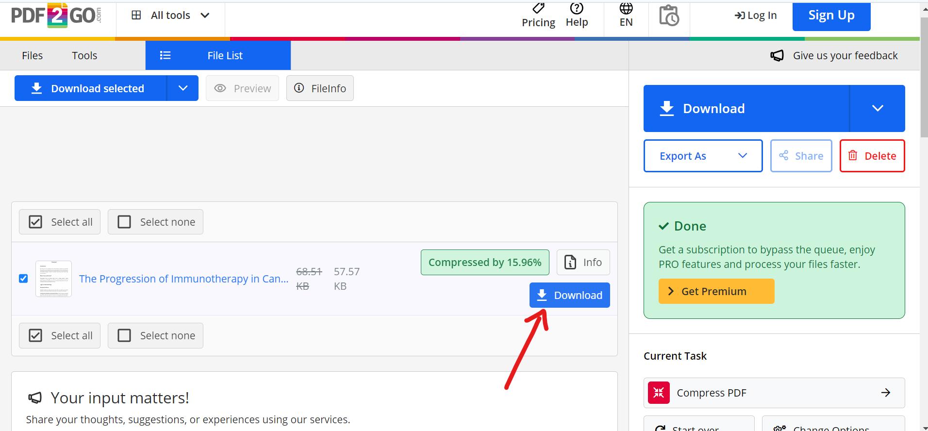 downloading the compressed PDF document from pdf2go