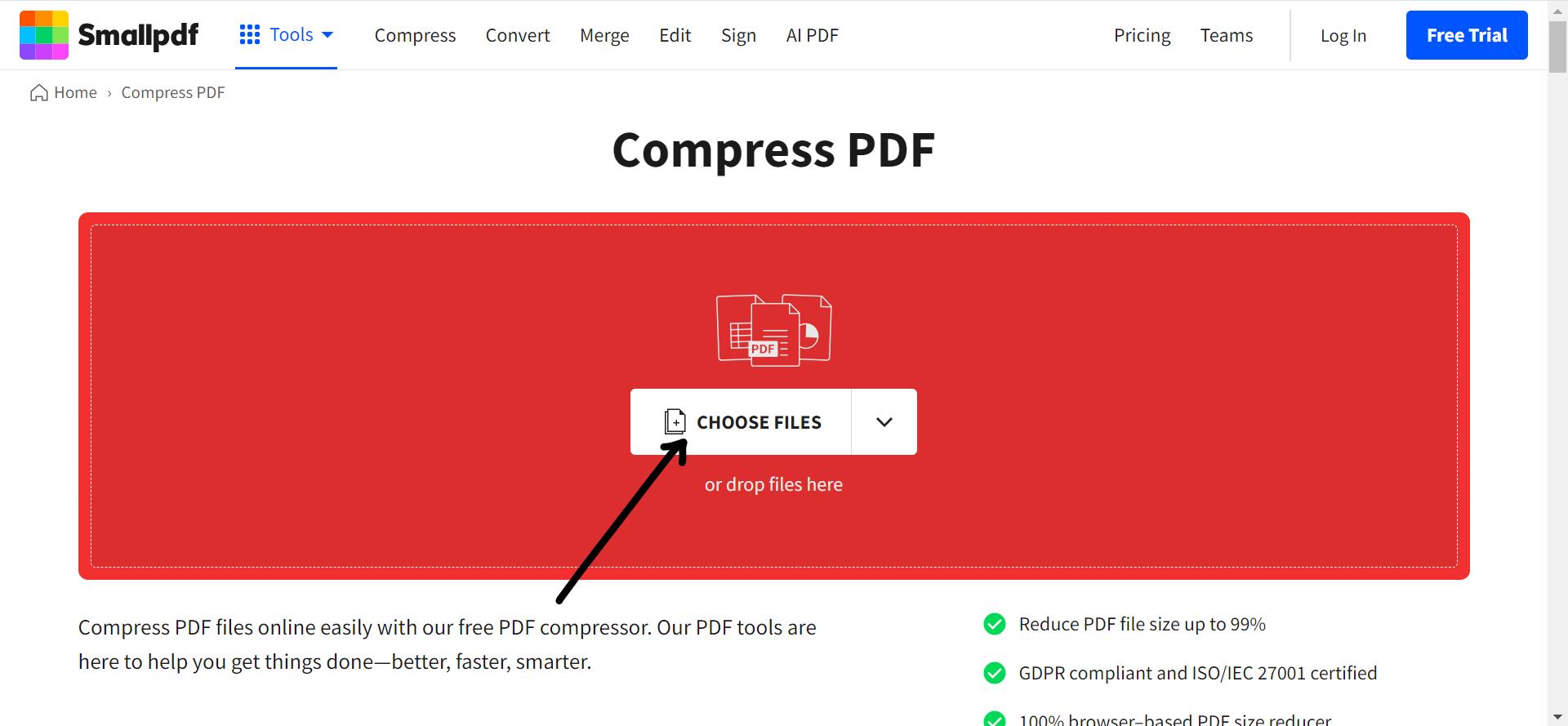 opening the smallpdf compress tool