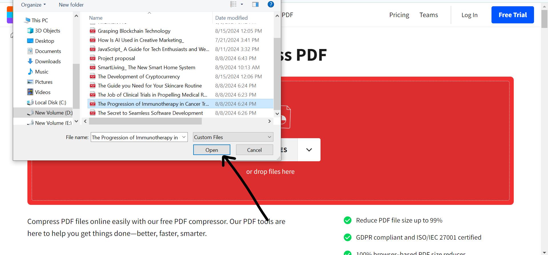 uploading the pdf document on smallpdf