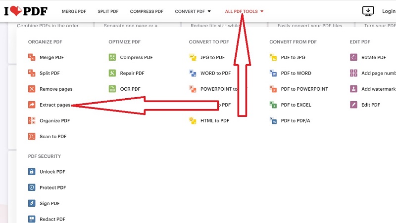 ilovepdf select page extraction tool