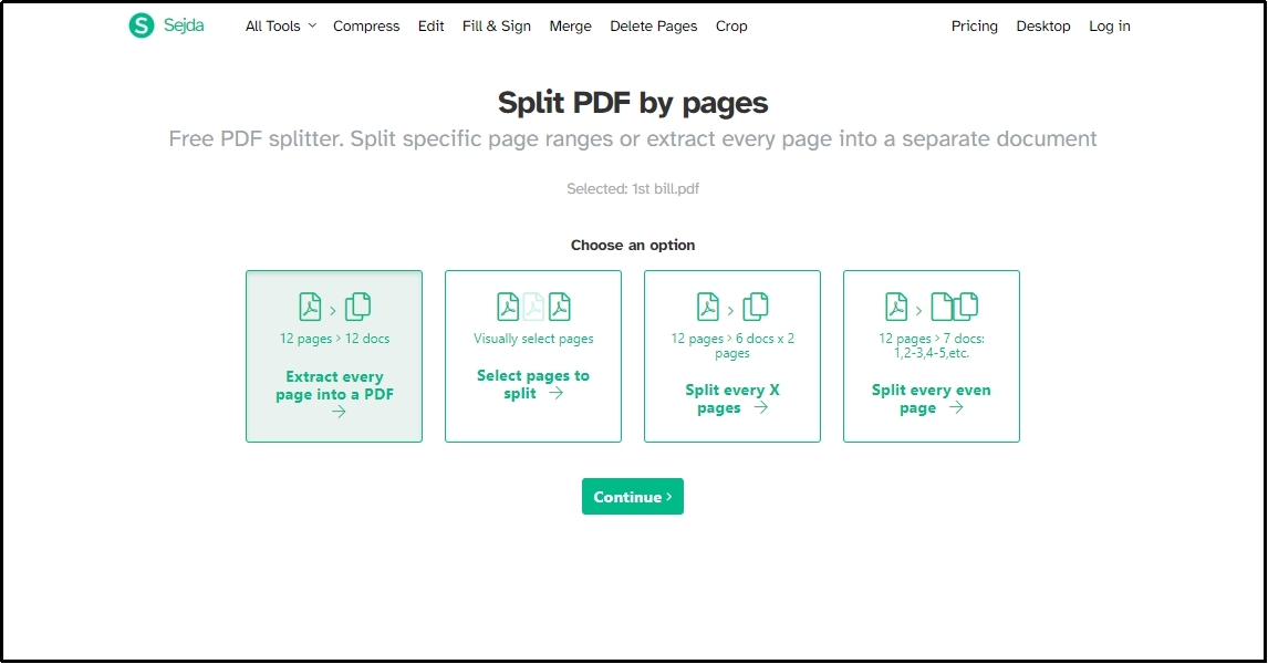 continue splitting button in Sejda pdf tool