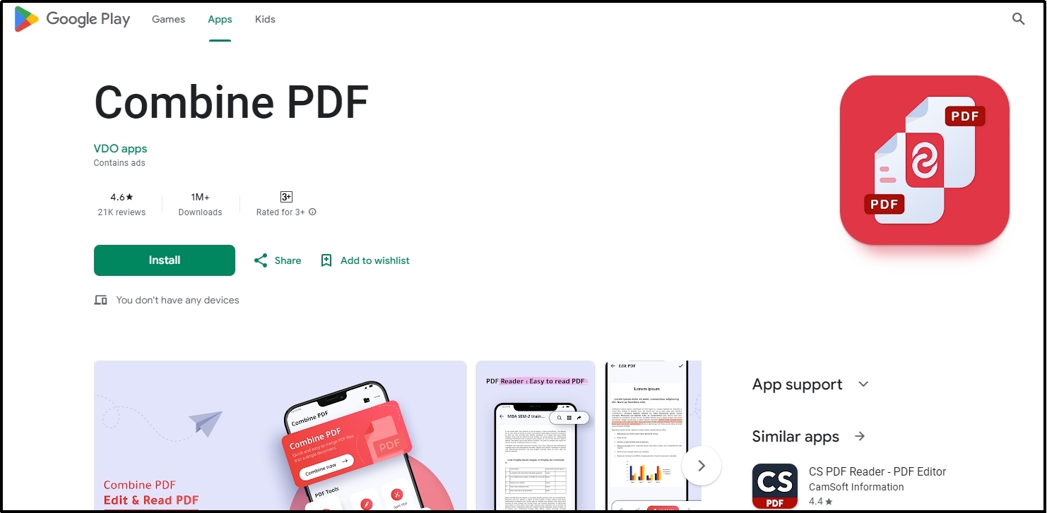 combine pdf application in google play