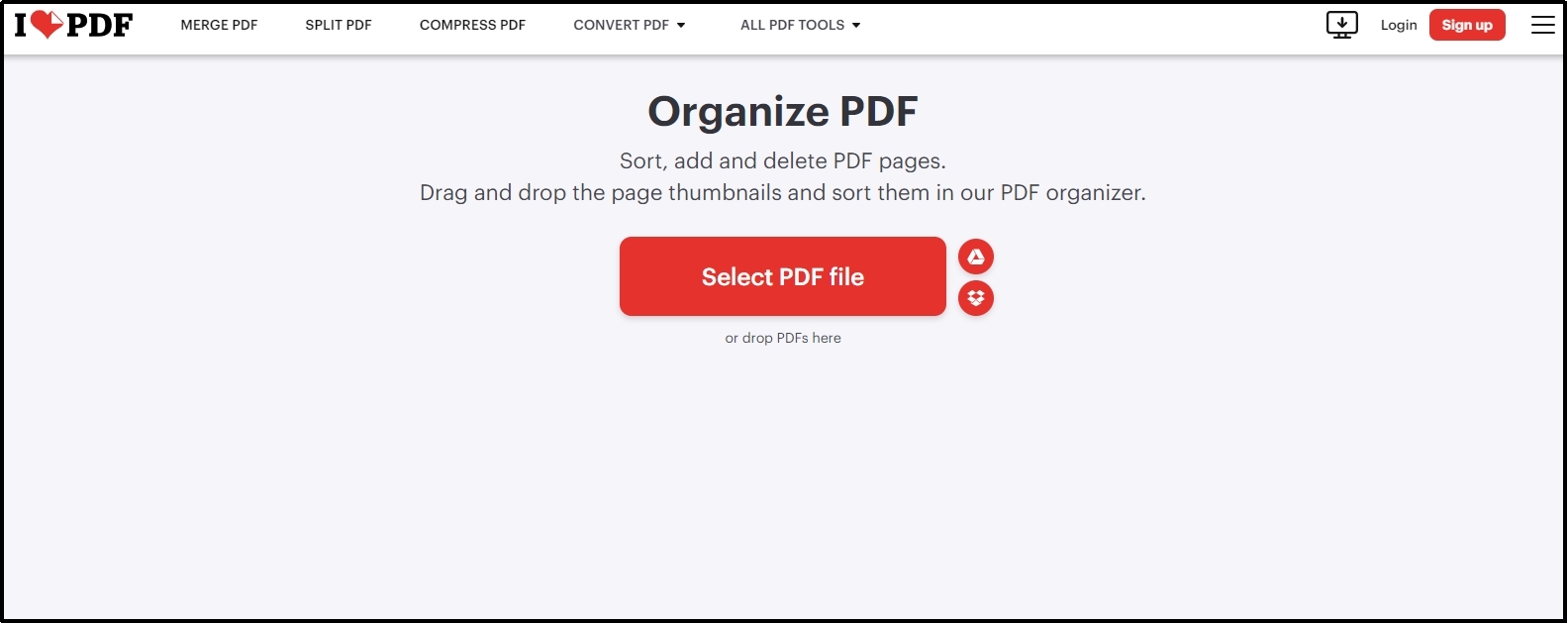 organize pdf tool interface by I love pdf