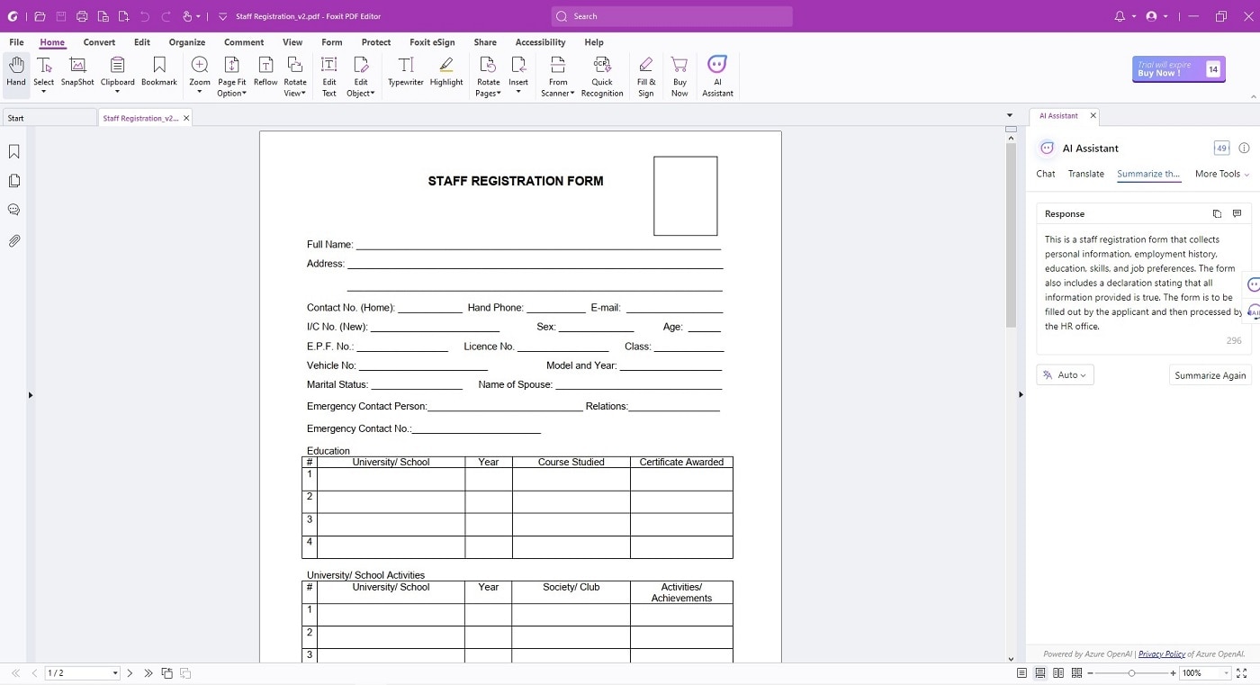 foxit ai pdf summarization