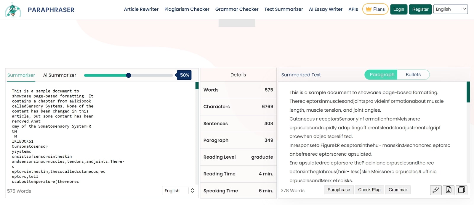 paraphraser ai text summarization