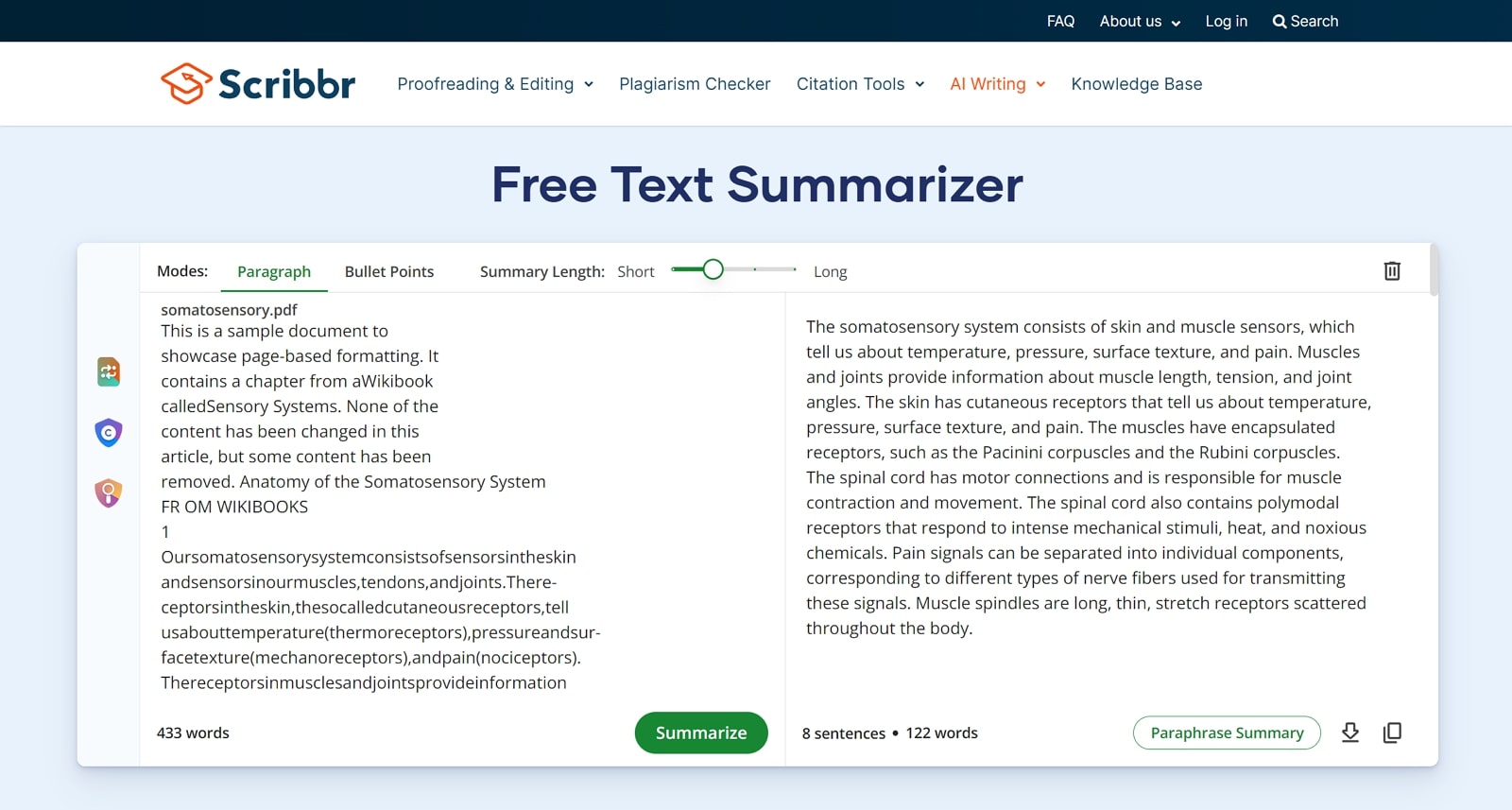 scribbr ai text summarization