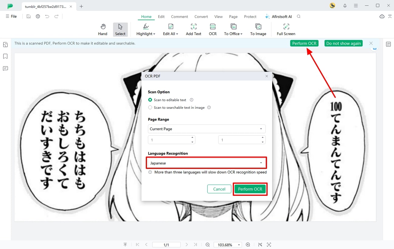 select japanese language and perform ocr