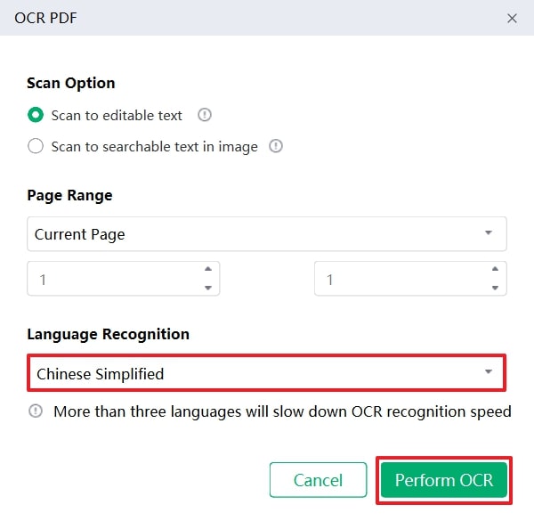 select language and perform ocr