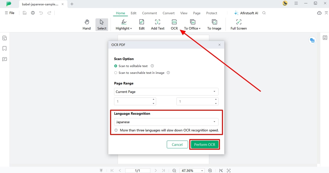 adjust settings and perform ocr