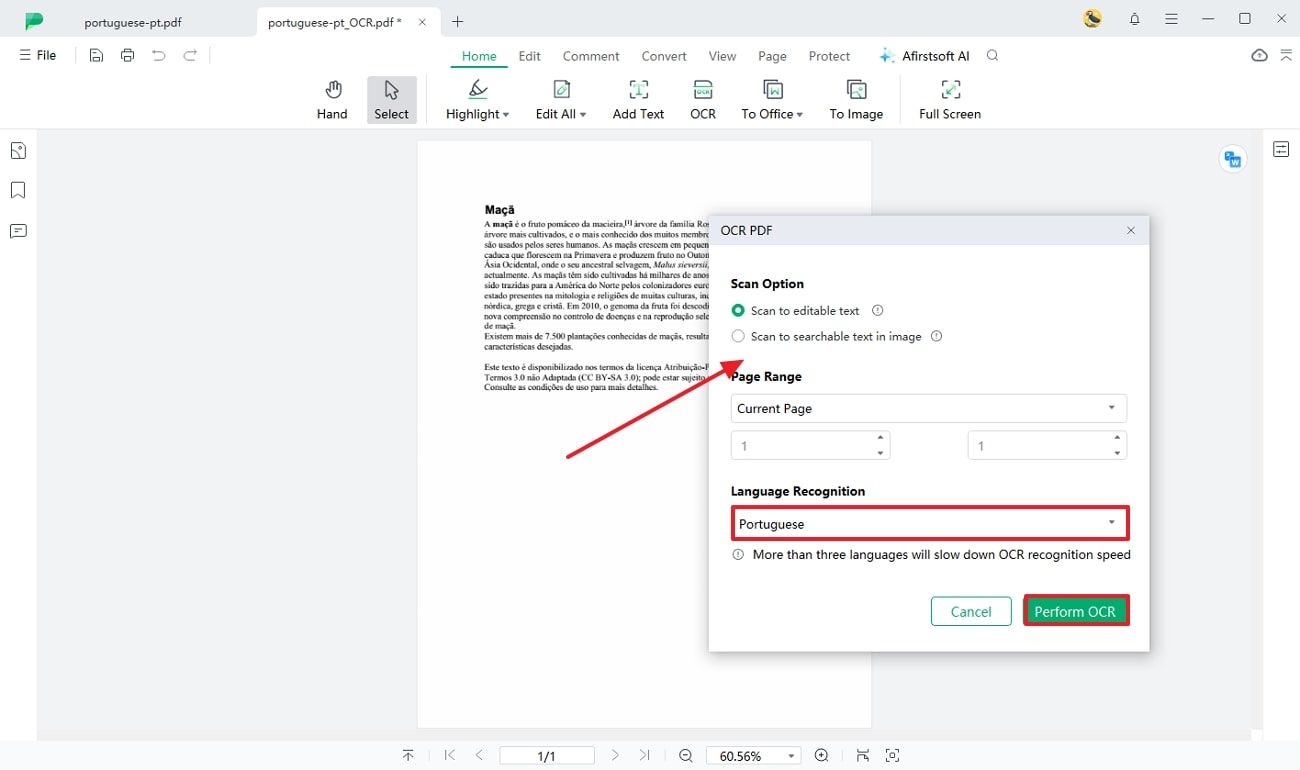 perform ocr after selecting language