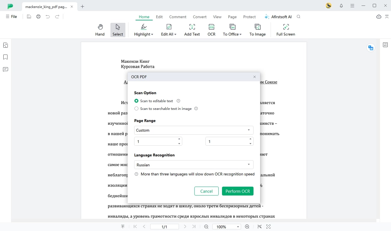 russian ocr in afirstsoft pdf