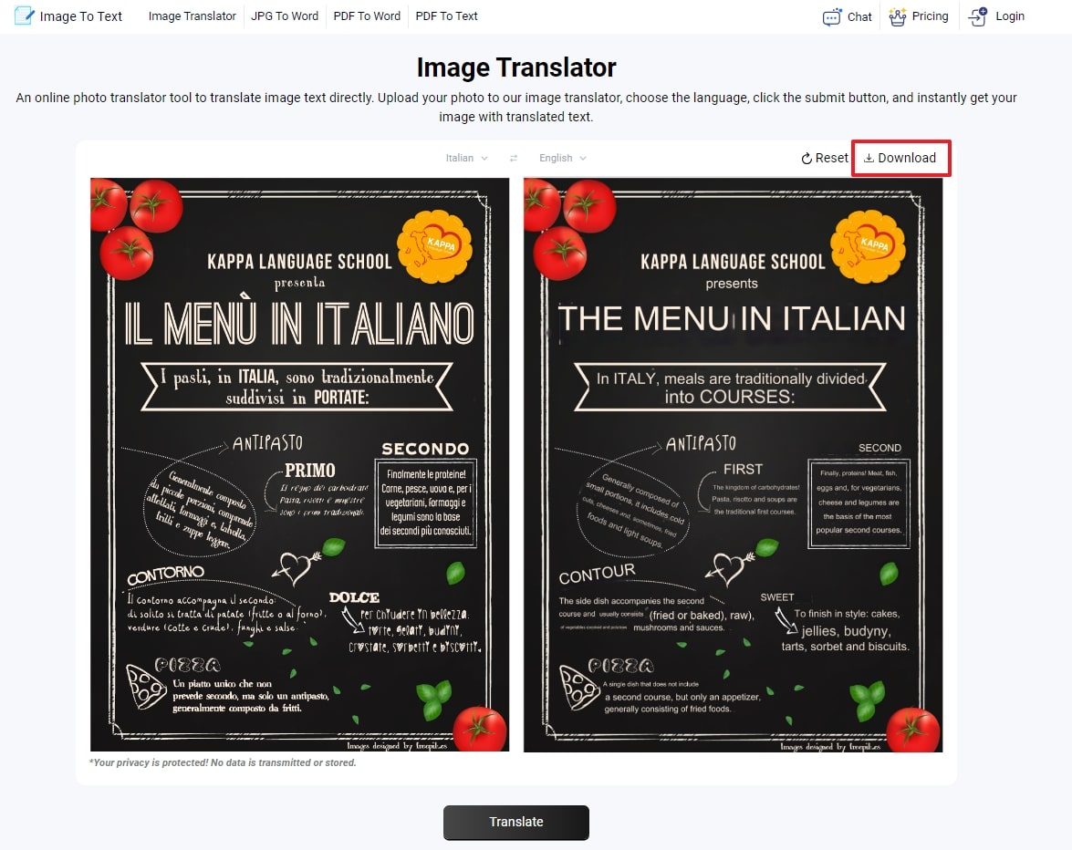 download translated menu