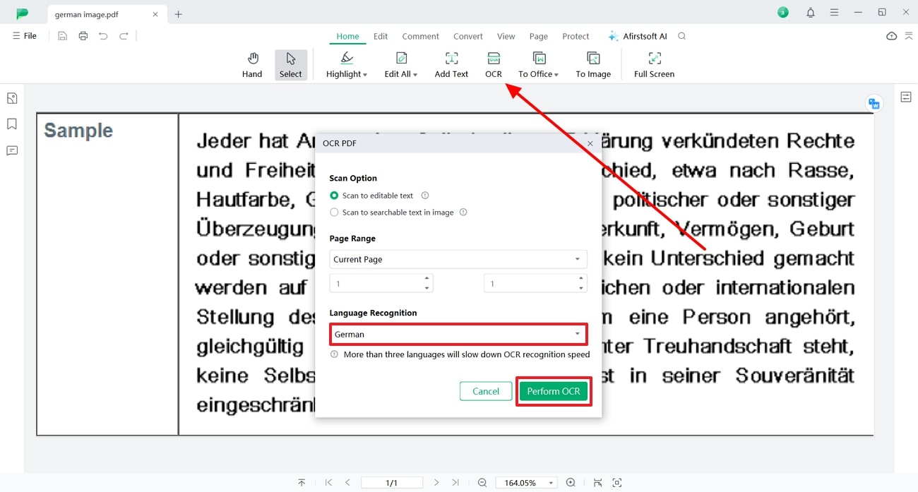 adjust settings and perform ocr