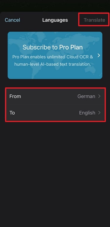 select languages and tap translate