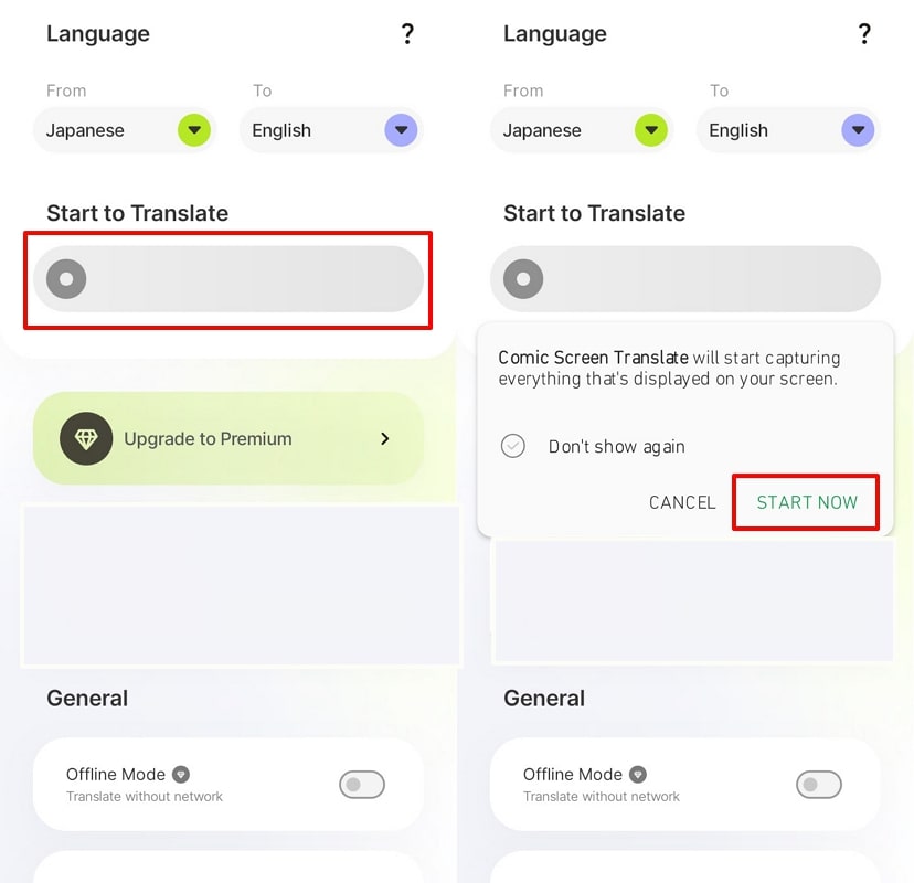 start translation on mobile app