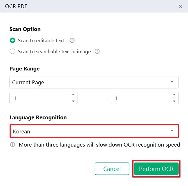 click the perform ocr button