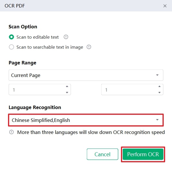 specify language and press perform ocr