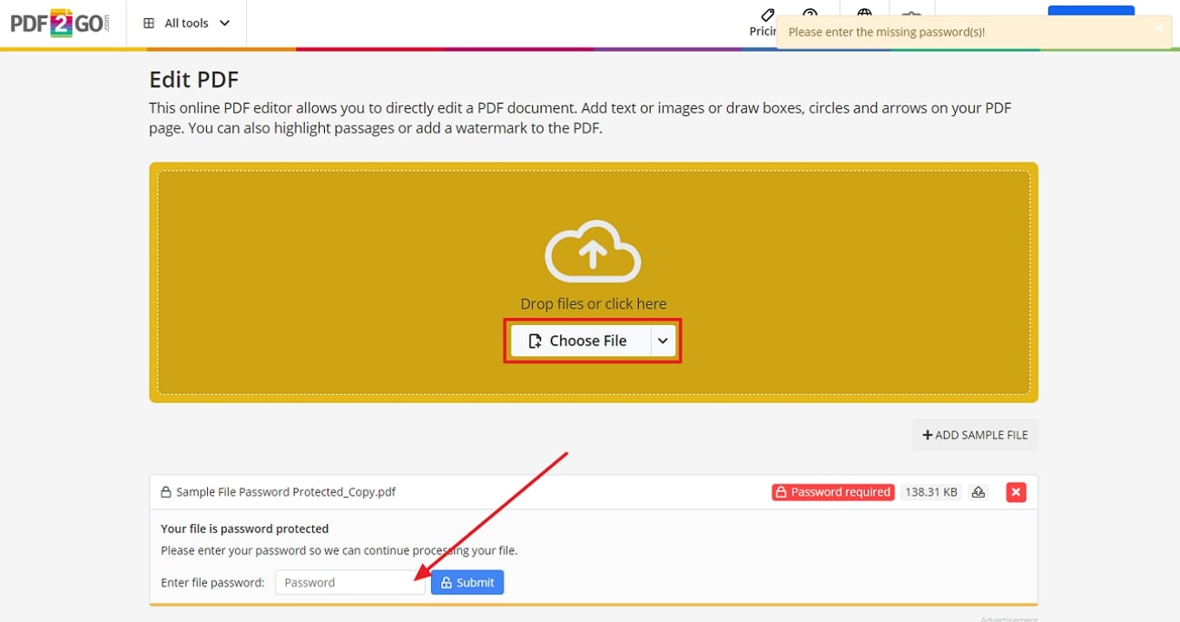 upload pdf across pdf2go