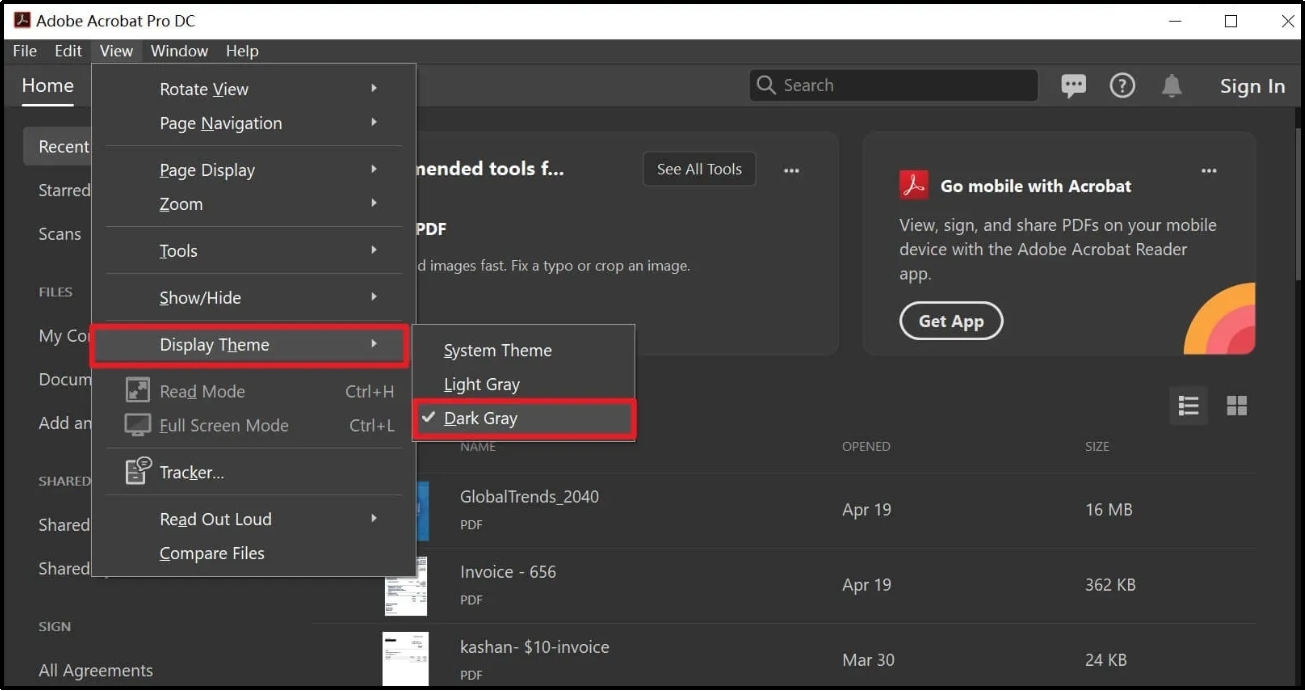 dark grey theme selection in adobe acrobat