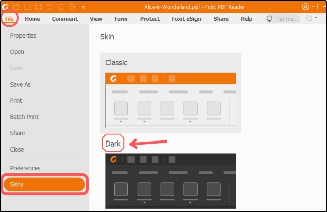 dark theme option in foxit pdf