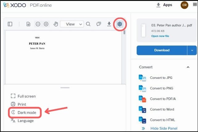 settings icon in xodo pdf for dark mode theme