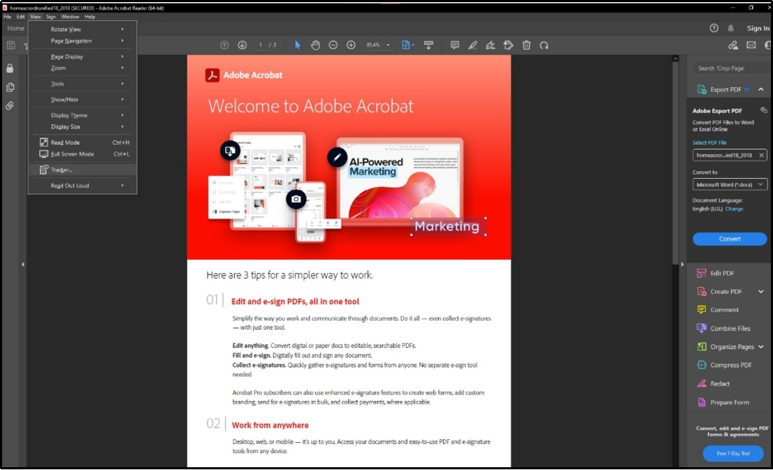 adobe reader reading interface