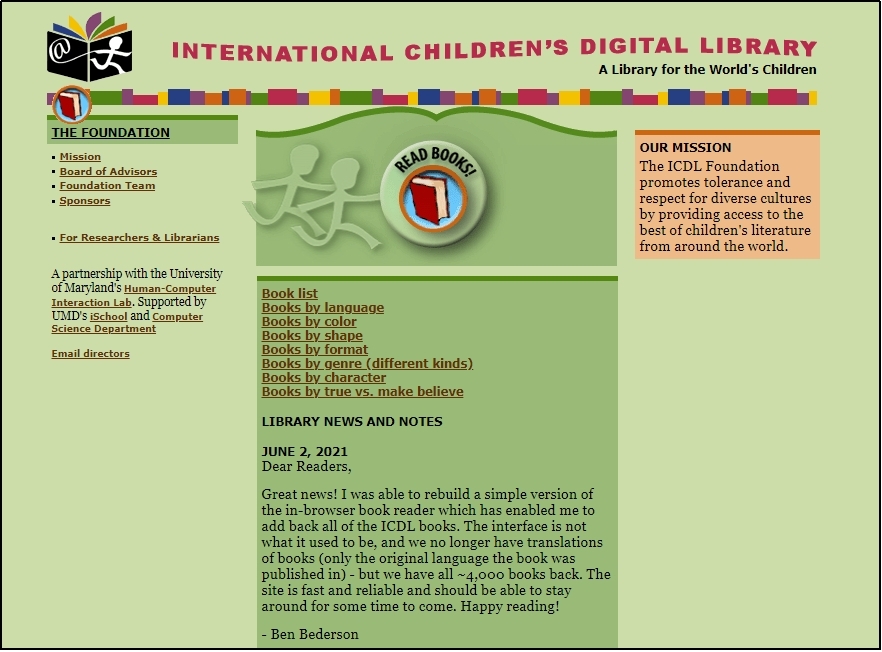 homepage of international children’s digital library