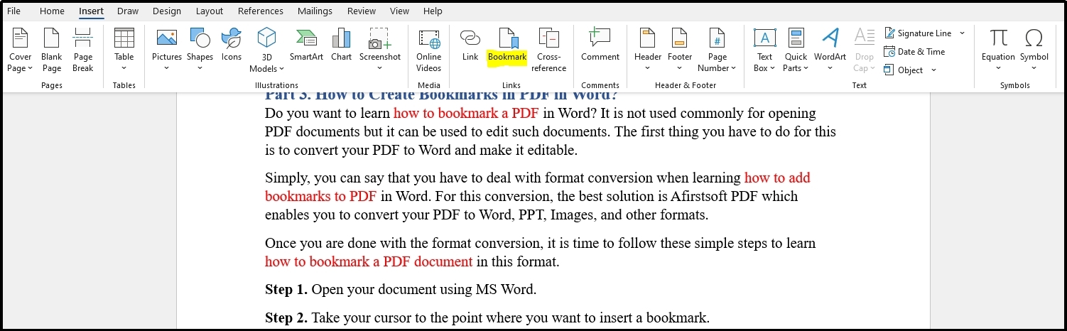 how to add bookmarks to pdf in word