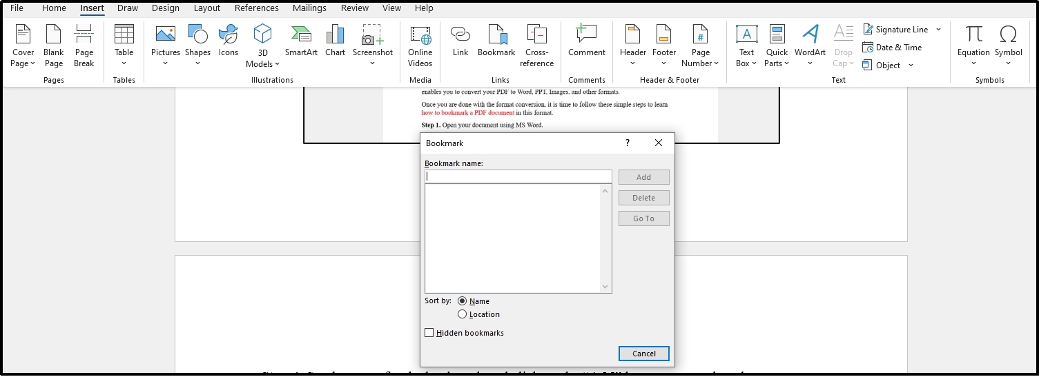 add bookmarks to pdf in word