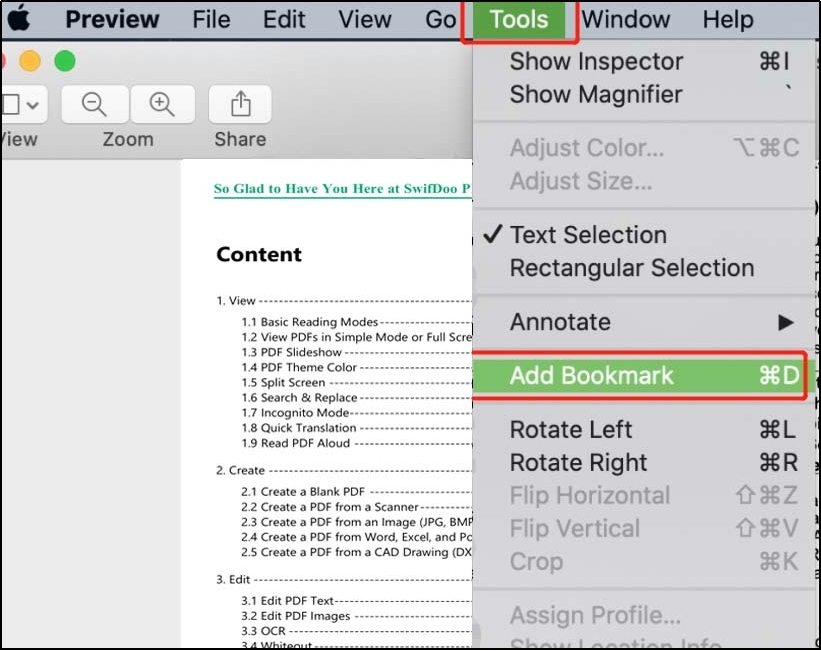 add bookmarks option in preview mac