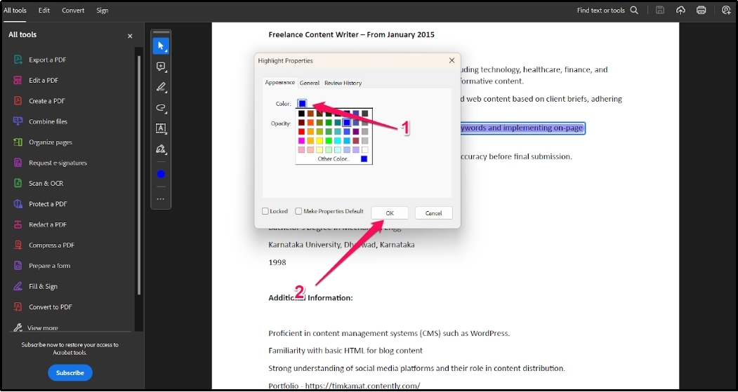 color selection in appearance tab in adobe reader