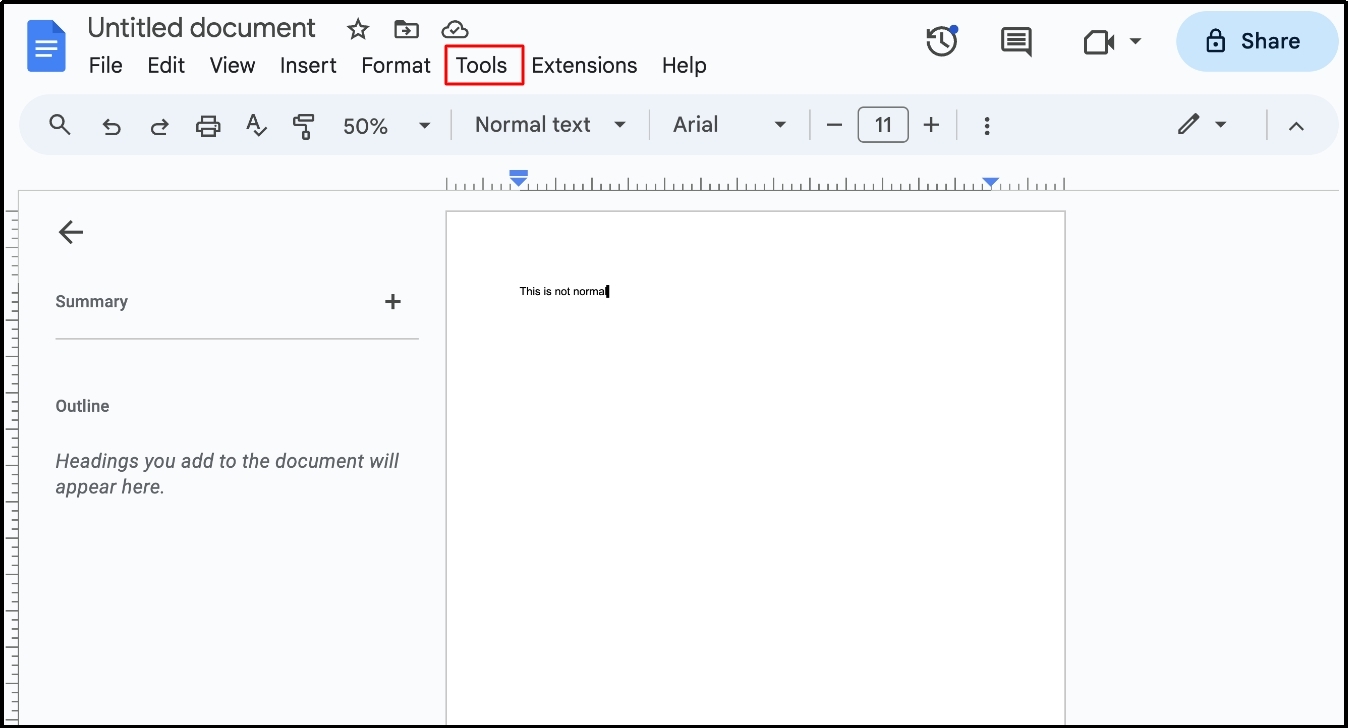 tools option in menu bar of google docs