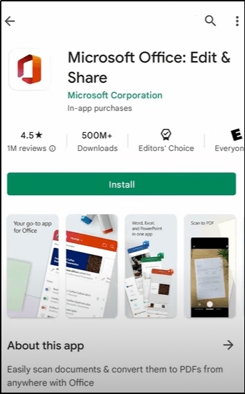 Microsoft office app in google play