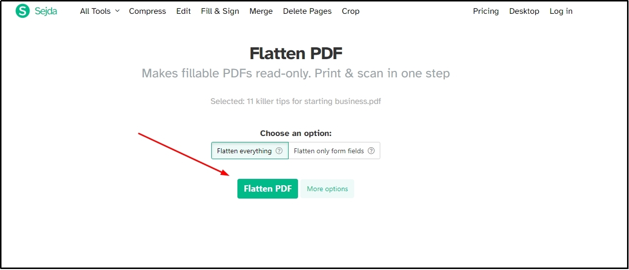 flatten pdf option in sejda