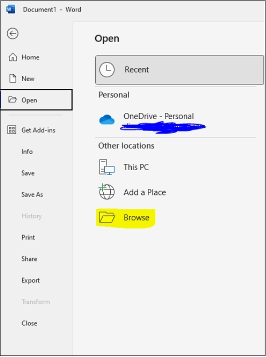 browse option in word