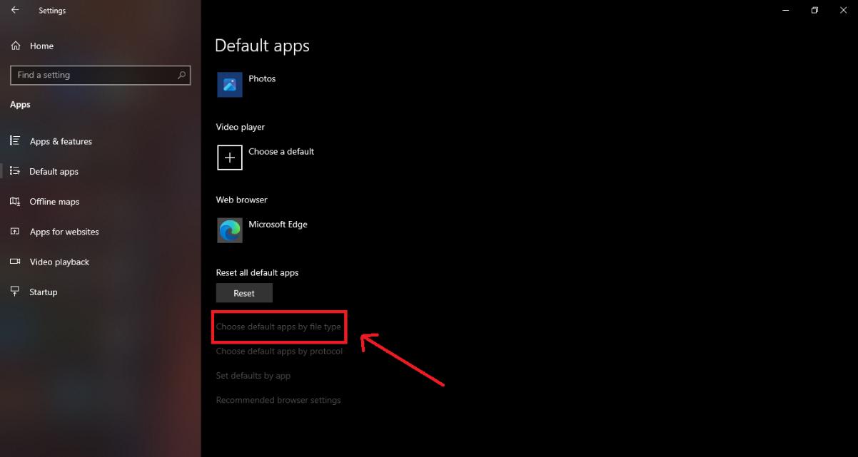 go to “choose default apps by file type”