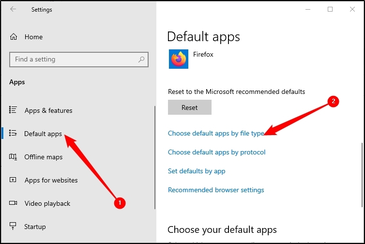 default apps option in windows settings