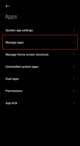 manage apps option in android device