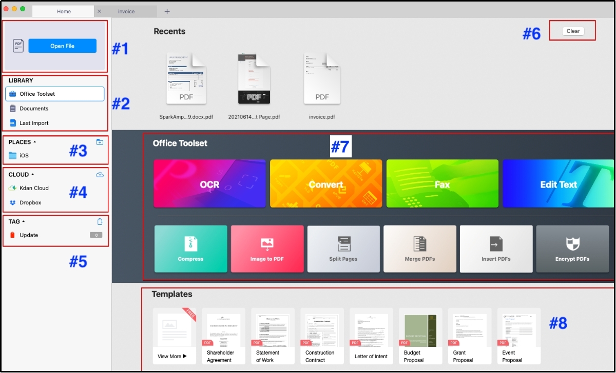 kdan pdf reader interface with important labels