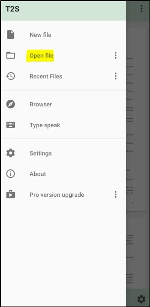 open file option in t2s reader app