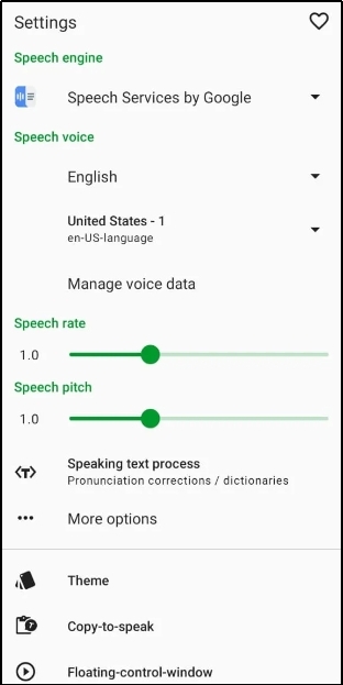 text to speech settings in t2s reader app