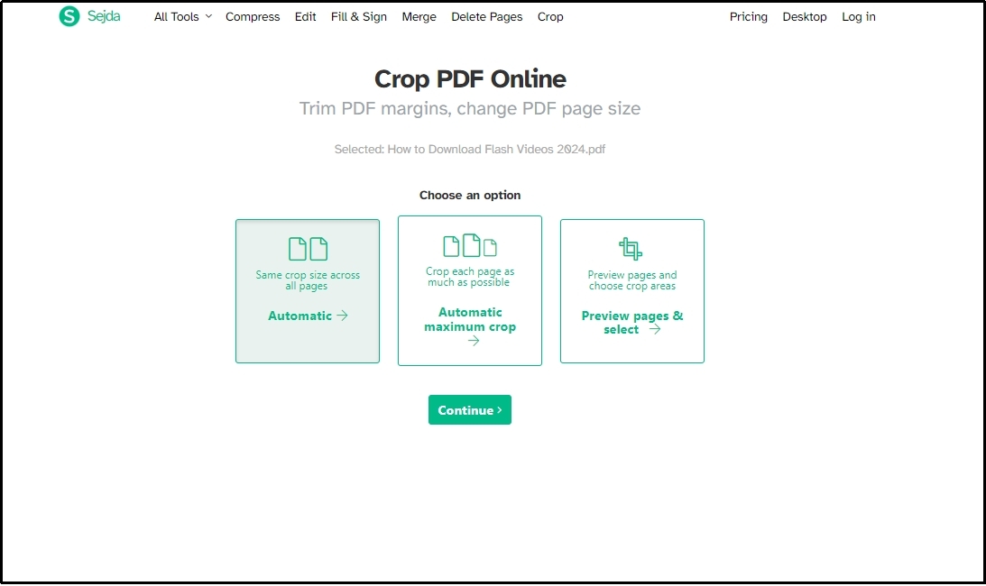 cropping options in Sejda pdf online tool