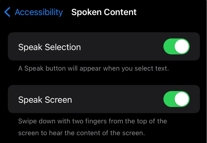 speak selection option in iphone