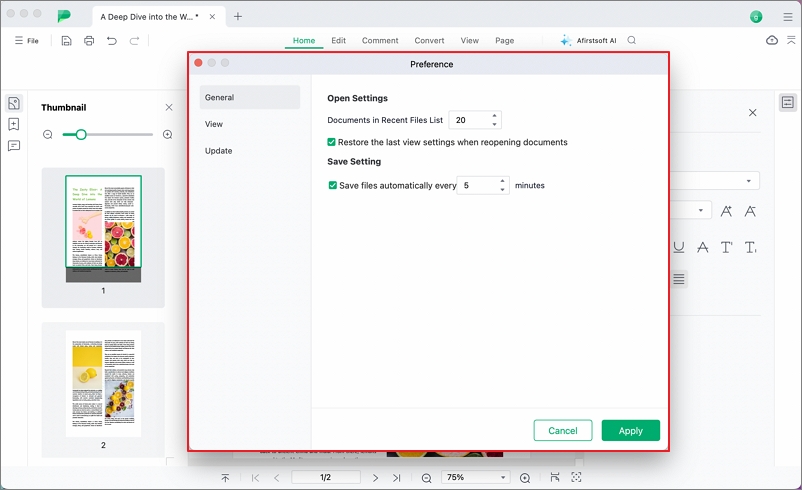 Afirstsoft PDF Editor Preference